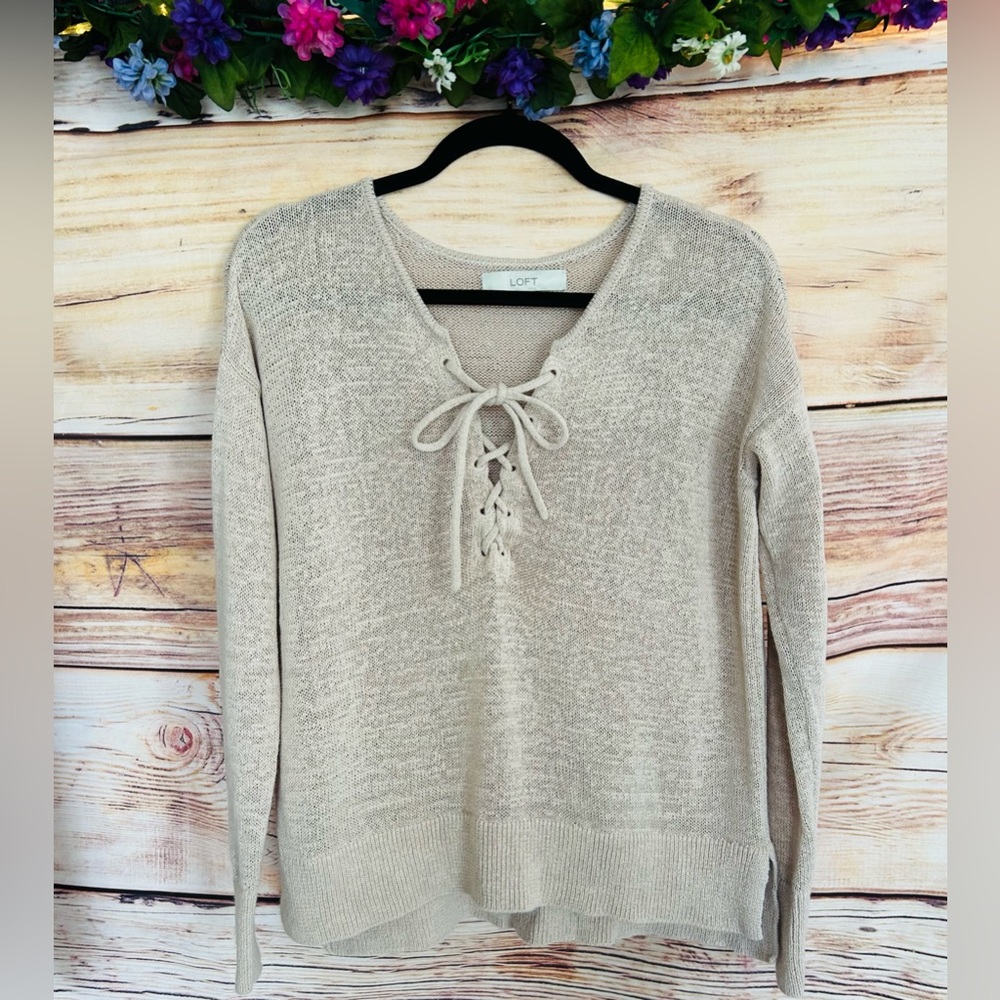 LOFT Women’s Beige Long Sleeve Lace Up V-Neck Knit Sweater Size S